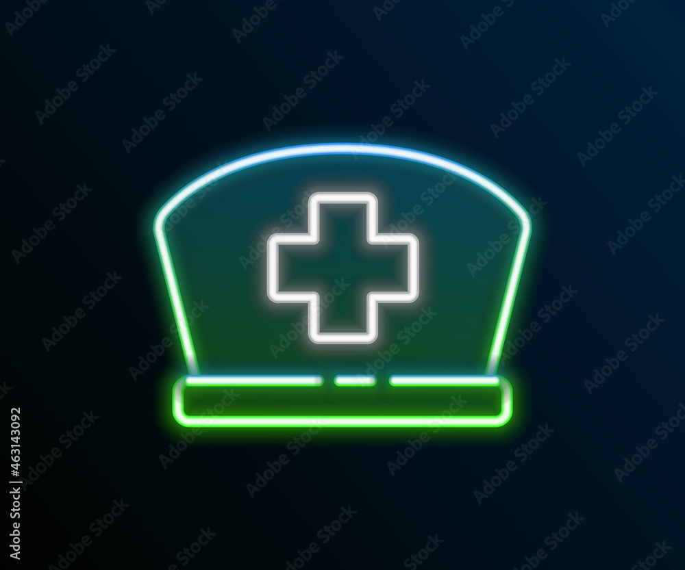 Obraz premium Glowing neon line Nurse hat with cross icon isolated on black background. Medical nurse cap sign. Colorful outline concept. Vector