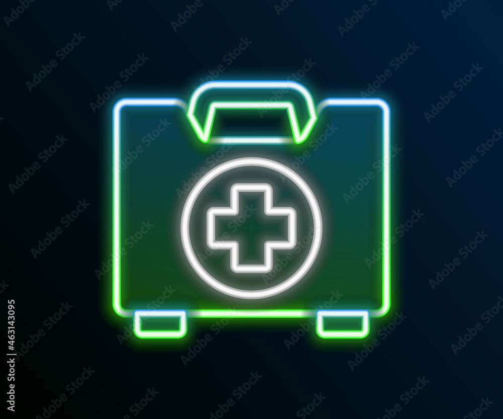 Glowing neon line First aid kit icon isolated on black background. Medical box with cross. Medical equipment for emergency. Healthcare concept. Colorful outline concept. Vector Glowing neon line First aid kit icon isolated on black background. Medical box with cross. Medical equipment for emergency. Healthcare concept. Colorful outline concept. Vector
