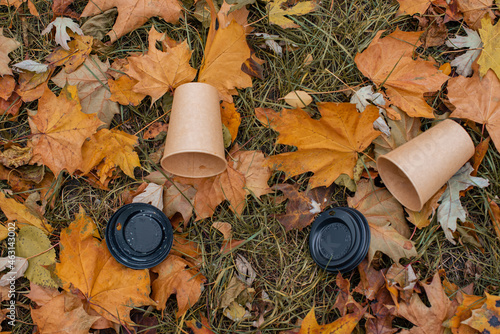 An empty paper coffee cup lies on the ground in the park. Environmental pollution