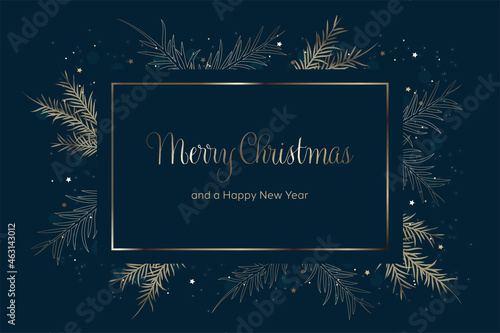 Merry Christmas and a Happy New Year greeting card vector. Blue background with gold frame, spruce branches, bokeh, stars and glare