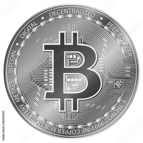Silver Bitcoin. Electronics finance money symbol. Golden cryptocurrency coin. Isolated vector illustration on white background