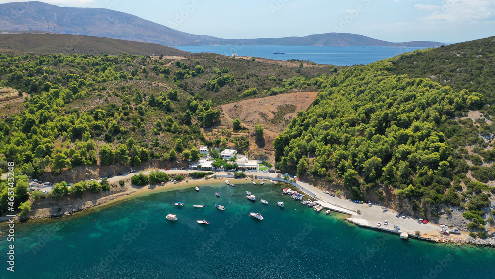 Aerial drone photo of paradise beach and bay of Pefkos in island of Skyros, Sporades, Greece Aerial drone photo of paradise beach and bay of Pefkos in island of Skyros, Sporades, Greece