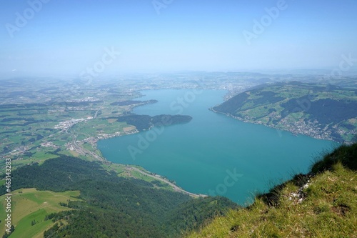Lake Zug in Switzerland in summer. High angle view from the top of mountain called Rigi Kulm. 
