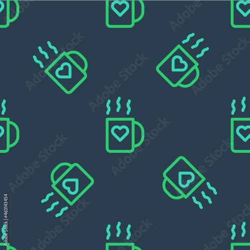Line Coffee cup and heart icon isolated seamless pattern on blue background. Couple coffee for lovers on Valentines Day. Vector