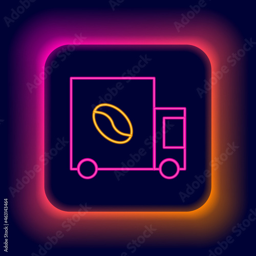 Glowing neon line Coffee street truck machine icon isolated on black background. Delivery coffee. Colorful outline concept. Vector
