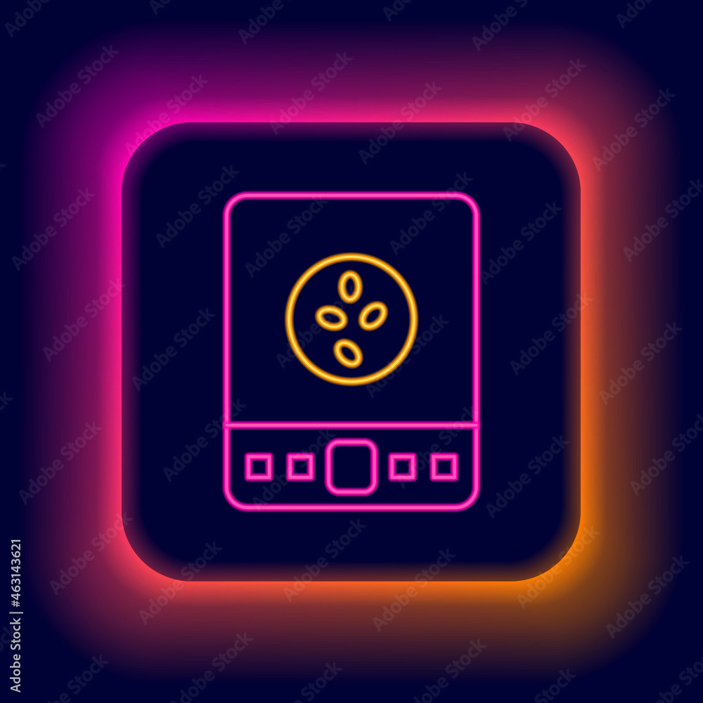 Fototapeta premium Glowing neon line Electronic coffee scales icon isolated on black background. Weight measure equipment. Colorful outline concept. Vector