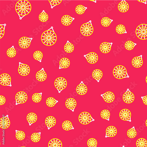 Line Classic dart board and arrow icon isolated seamless pattern on red background. Dartboard sign. Game concept. Vector