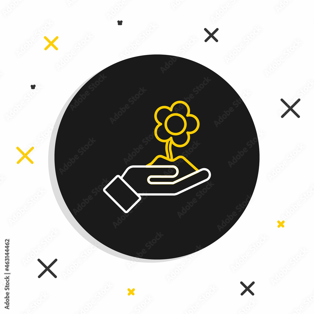Line Hand holding flower icon isolated on white background. Seed and seedling. Planting sapling. Ecology concept. Colorful outline concept. Vector Line Hand holding flower icon isolated on white background. Seed and seedling. Planting sapling. Ecology concept. Colorful outline concept. Vector