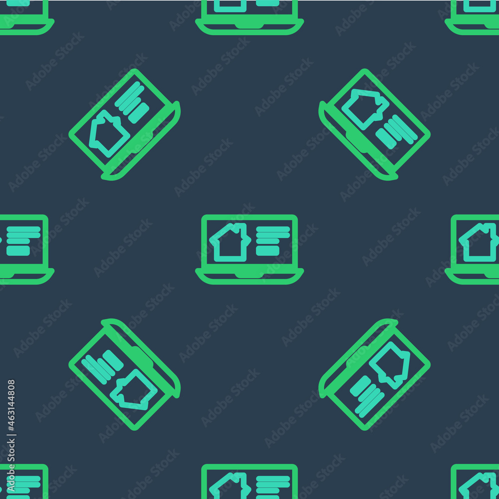 Line Online real estate house on laptop icon isolated seamless pattern on blue background. Home loan concept, rent, buy, buying a property. Vector Line Online real estate house on laptop icon isolated seamless pattern on blue background. Home loan concept, rent, buy, buying a property. Vector