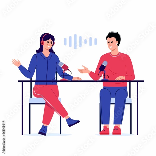 Cartoon smiling people listening and recording audio podcast or online show vector flat illustration. Joyful person radio host interviewing guest, mass media broadcasting isolated on white
