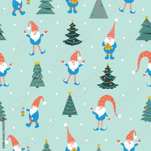 Cute christmas gnomes seamless pattern on green background. Vector illustration with gnomes in red hats and christmas tree. Perfect for textile prints, kids design, decor, wrapping.