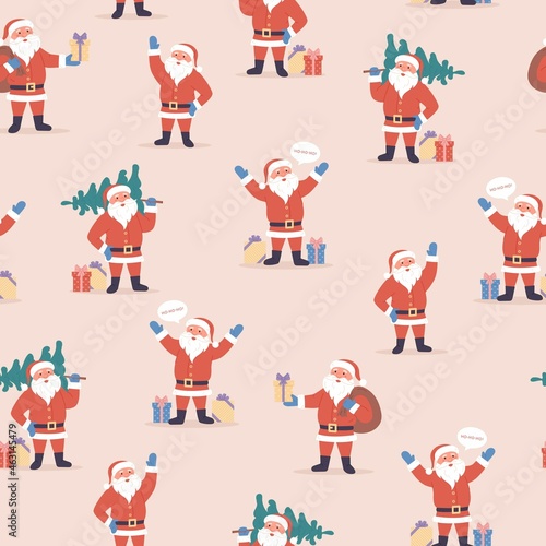 Holiday seamless pattern with Cartoon Santa Claus, christmas tree, decorative elements on a neutral background. Merry Christmas. Colorful vector, flat style. hand drawing. design for fabric, print,
