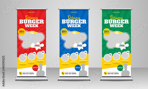 Healthy fast food business marketing roll up or x banner template design with abstract background, restaurant logo and icon. Pizza, burger or hamburger sale rack card & flyer. Food menu poster.    