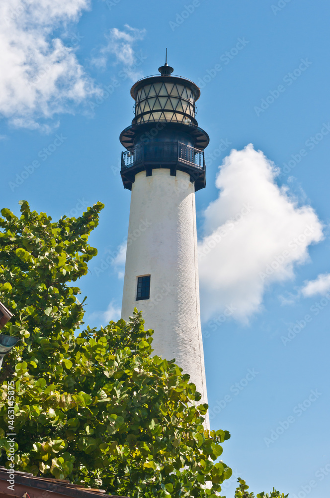 front view, far distance of a white and black lighthouse on a tropical shoreline