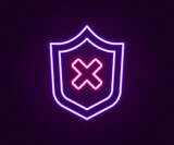 Glowing neon line Shield with cross mark icon isolated on black background. Shield and rejected. Notice of refusal. Colorful outline concept. Vector
