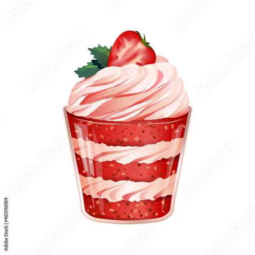 Delicate layered dessert in glasscup with red velvet cake, ripe berries and fresh mint isolated on white background. Sweet creamy food vector illustration for bakery, cafe or confectionery shop. photo