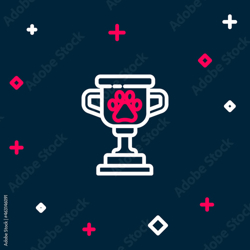 Line Pet award symbol icon isolated on blue background. Medal with dog footprint as pets exhibition winner concept. Colorful outline concept. Vector