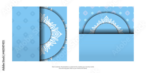 Blue color flyer template with vintage white ornaments prepared for typography.
