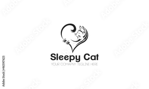Sleepy Cat Logo Design Vector