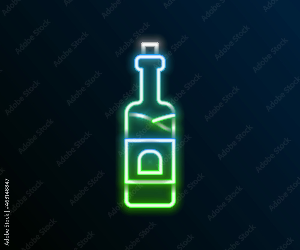 Glowing neon line Bottle of wine icon isolated on black background. Colorful outline concept. Vector Glowing neon line Bottle of wine icon isolated on black background. Colorful outline concept. Vector