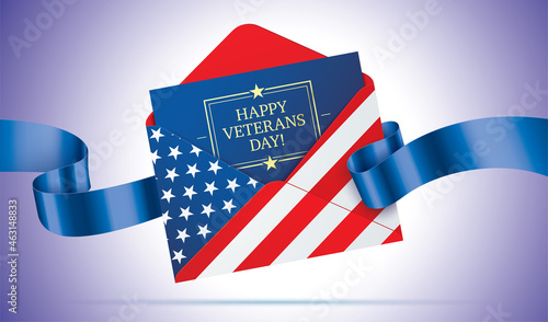 Happy veterans day vector banner design, with a greeting letter in the USA flag printed envelope.