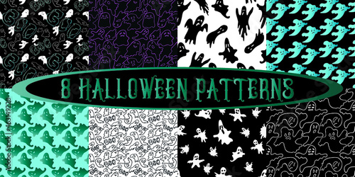 A set of eight hand-drawn halloween seamless patterns with ghosts. Vector illustrations for wrapping paper, textiles, notebook and  covers, bags, scrapbooking and wallpaper. Doodle style.  photo