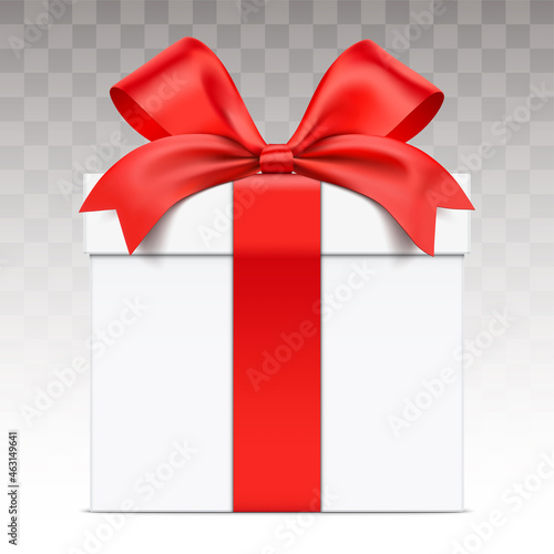 White gift box wrapped with red ribbon, isolated on transparent background. Realistic giftbox in front view, vector illustration.