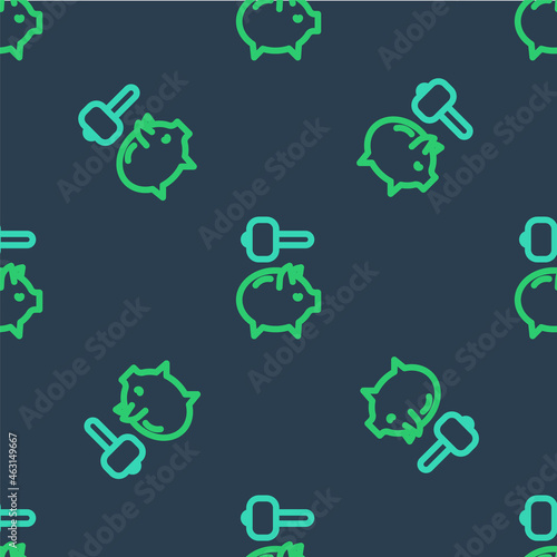 Line Piggy bank and hammer icon isolated seamless pattern on blue background. Icon saving or accumulation of money, investment. Vector