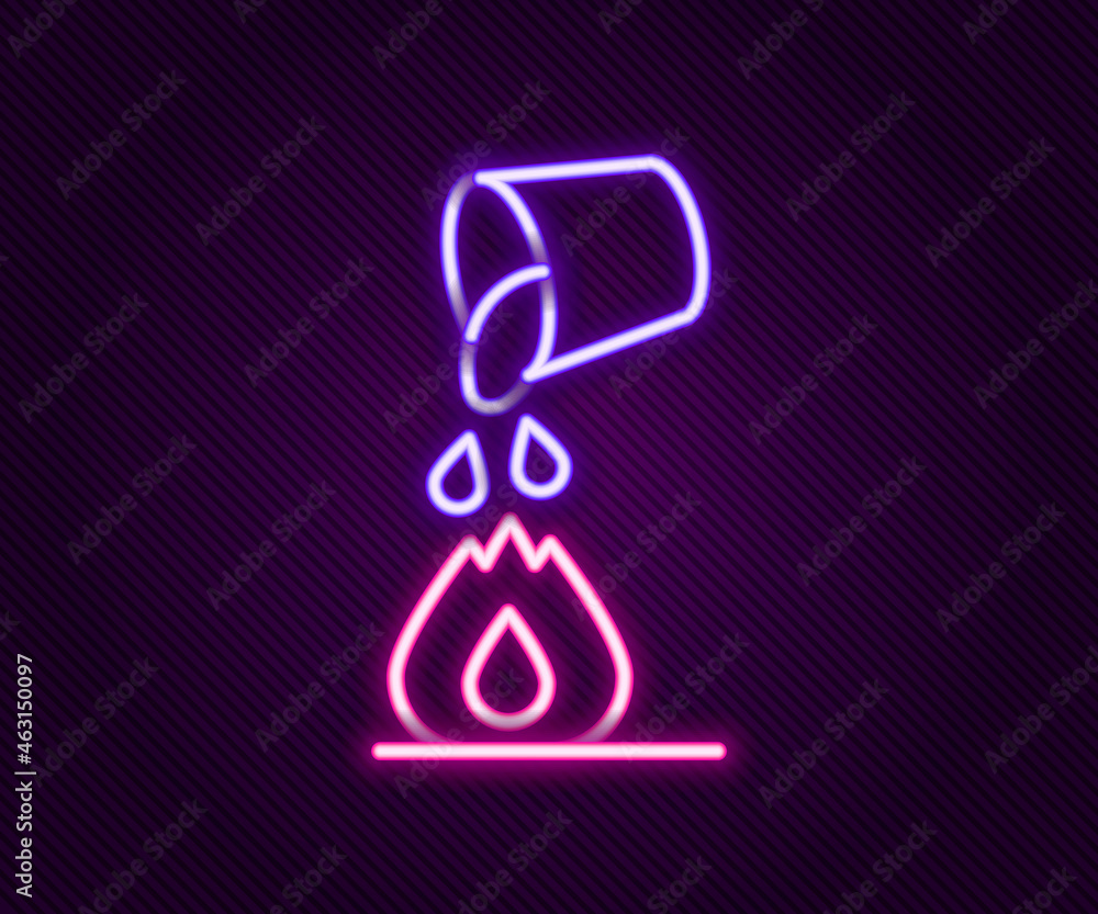 Glowing neon line Water bucket extinguishing a fire icon isolated on black background. Colorful outline concept. Vector Glowing neon line Water bucket extinguishing a fire icon isolated on black background. Colorful outline concept. Vector