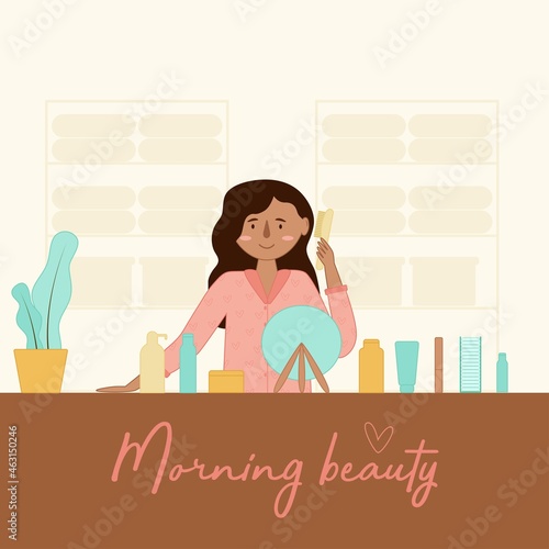 Cute girl combing hair, doing morning routine, making beauty, bathroom