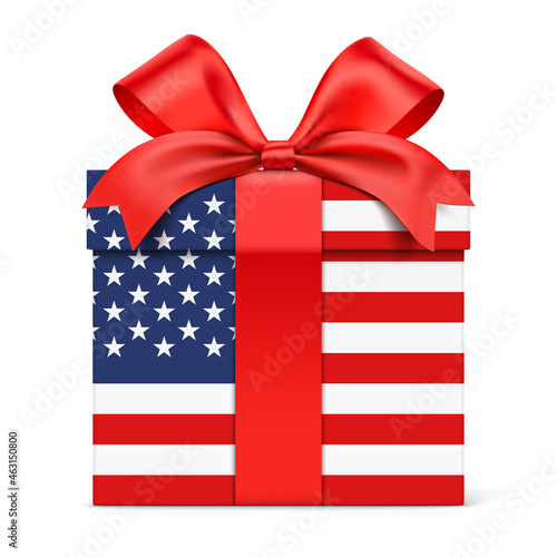 Gift box with USA flag wrapping, isolated on white background. Patriotic present with US flag print, vector illustration.
