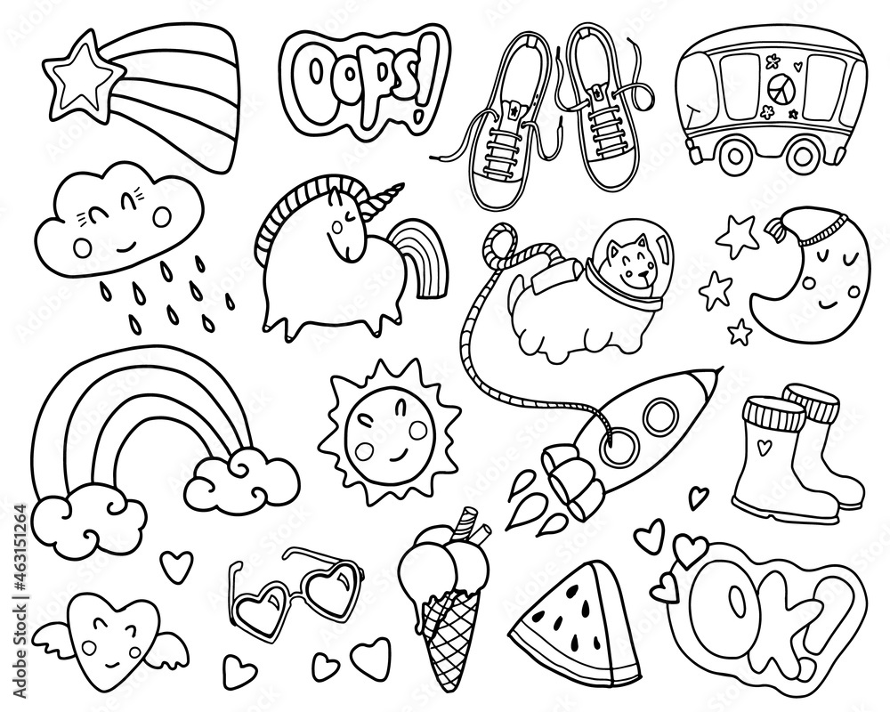 Set of girly graffiti doodles for decoration, stickers or embroidery. Cartoon patch badges or fashion pin badges. Vector illustrations