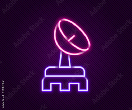 Glowing neon line Radar icon isolated on black background. Search system. Satellite sign. Colorful outline concept. Vector