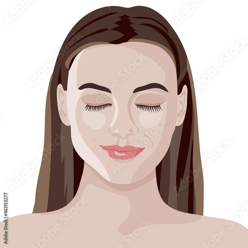 Face of a girl and makeup, facial cleansing beauty products, skin care. Wellbeing concept. Close up portrait of a woman with pure flawless face skin, close eyes isolated on white background