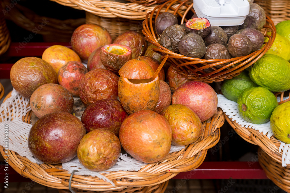 Fresh exotic fruits in Mercado Dos Lavradores. Funchal, Madeira, Portugal