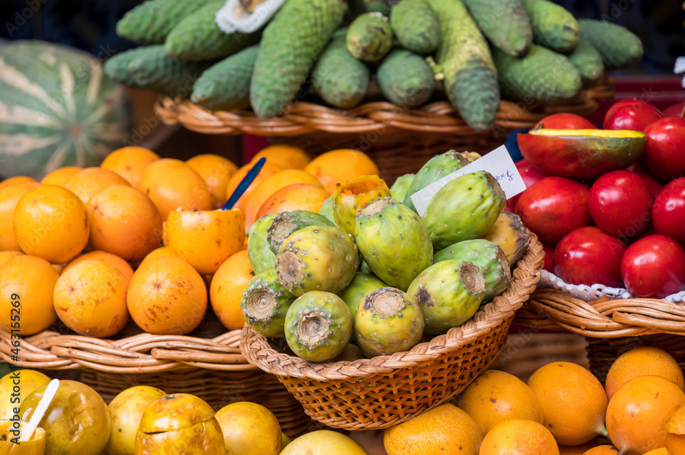 Fresh exotic fruits in Mercado Dos Lavradores. Funchal, Madeira, Portugal