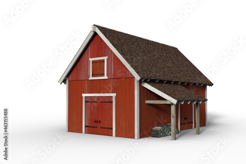 Fotobehang 3D rendering of a red wooden barn isolated on a white background.