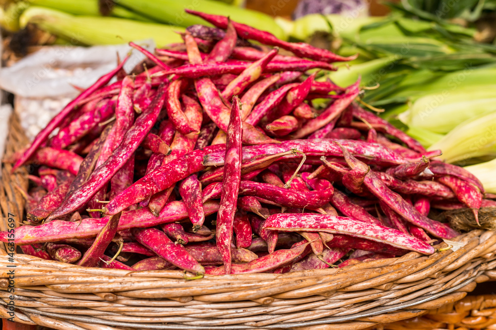 Pile of freshly harvested beans pods at farmers market. Heap of freshly picked kidney pods. Organic food concept Pile of freshly harvested beans pods at farmers market. Heap of freshly picked kidney pods. Organic food concept