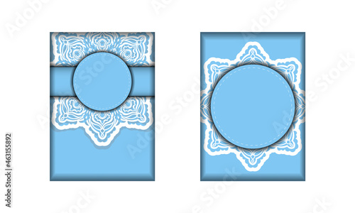 Template Greeting card in blue color with vintage white pattern prepared for printing.
