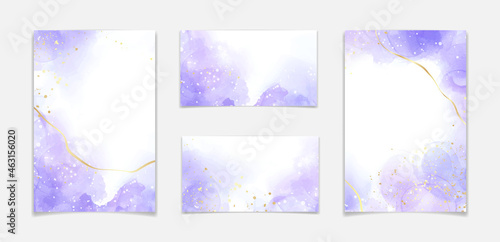 Purple lavender liquid watercolor background with golden lines. Pastel violet marble alcohol ink drawing effect. Vector illustration design template for wedding invitation, menu, rsvp