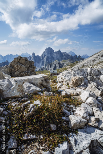 Rifugio Lavaredo with Cadini di Misurina mountain group in background. Dolomites at the Cime di Lavaredo, Italy