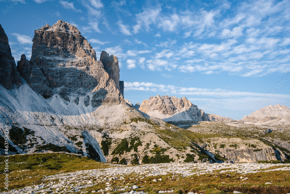 The Tre Cime di Lavaredo and stony plateau in the Sexten Dolomites of northeastern Italy