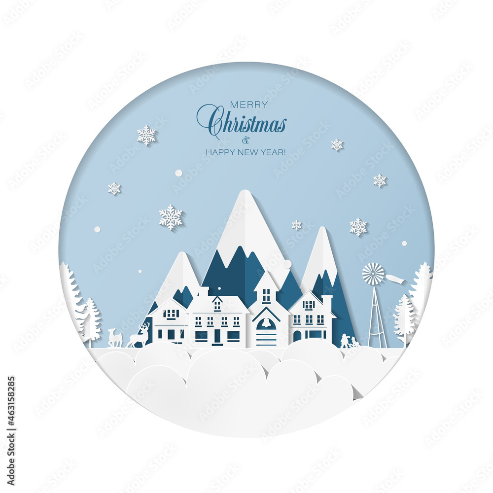 Naklejka premium Merry Christmas and Happy New Year greeting card in paper cut style with winter village, deers and snowflakes on blue background. Round frame. Vector illustration