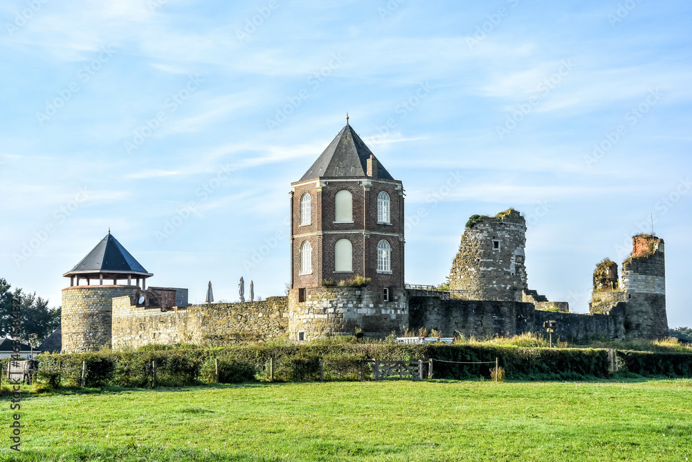 Enjoy an impressive castle ruin, of which two corner towers and several large cellar rooms have been restored. Montfort, Limburg, Netherlands, Holland, Europe