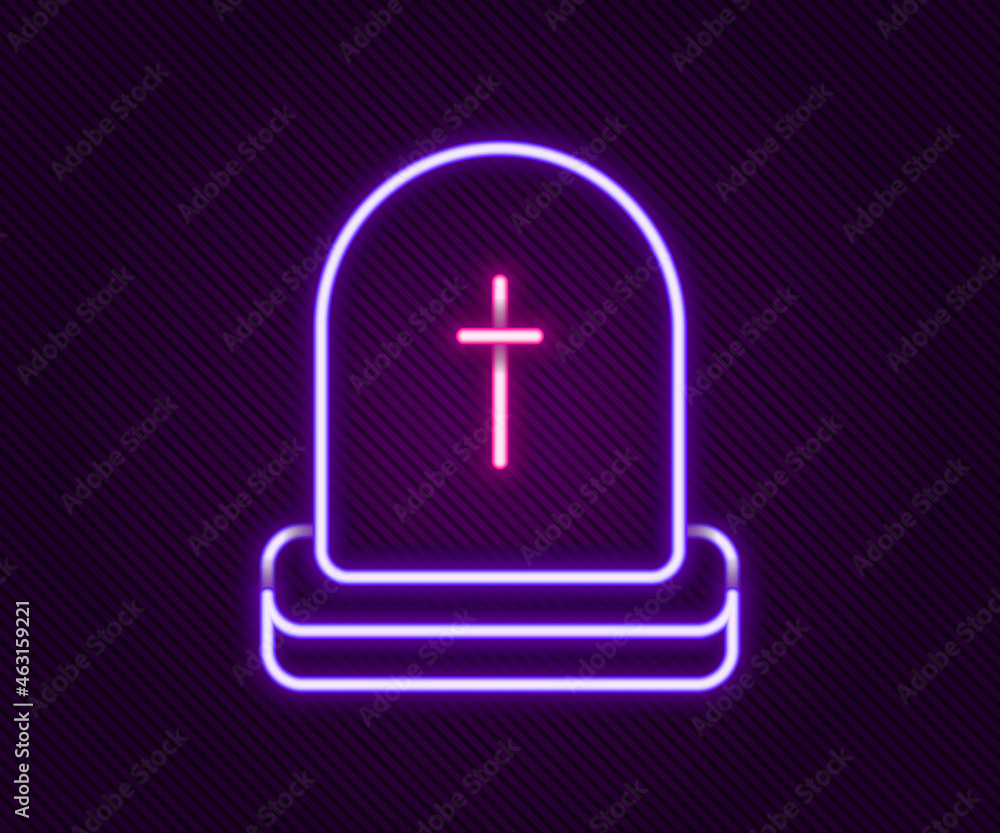 Obraz premium Glowing neon line Tombstone with RIP written on it icon isolated on black background. Grave icon. Happy Halloween party. Colorful outline concept. Vector