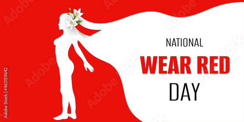 National wear red day. Young girl white silhouette with lily flower on red background. Poster, banner, placard, flyer concept design. Vector illustration