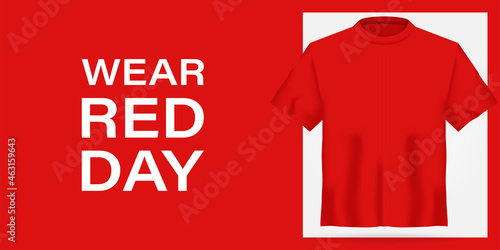 T-shirt mock up with motivation print on red background. 3d realistic shirt template. Tee mockup, front view design, National wear red day. Vector illustration