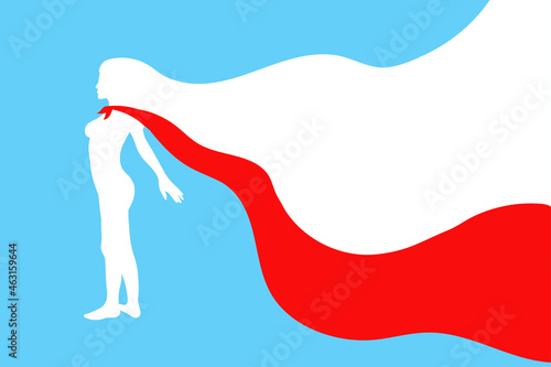 Young girl white silhouette with red super hero cape on blue background. Woman rights poster, banner, placard, flyer concept design. Vector illustration photo