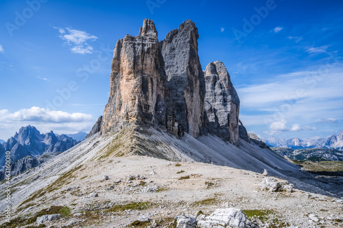 Tre Cime di Laveredo, three spectacular mountain peaks in Sesto Dolomites, South Tyrol, Italy