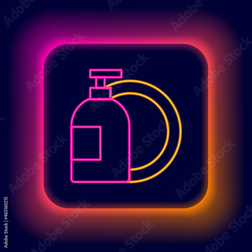 Glowing neon line Dishwashing liquid bottle and plate icon isolated on black background. Liquid detergent for washing dishes. Colorful outline concept. Vector